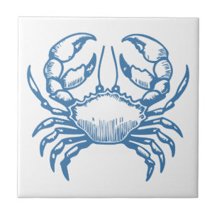Minimalist Crab Line Art Blue Outline Coastal Deco Tile