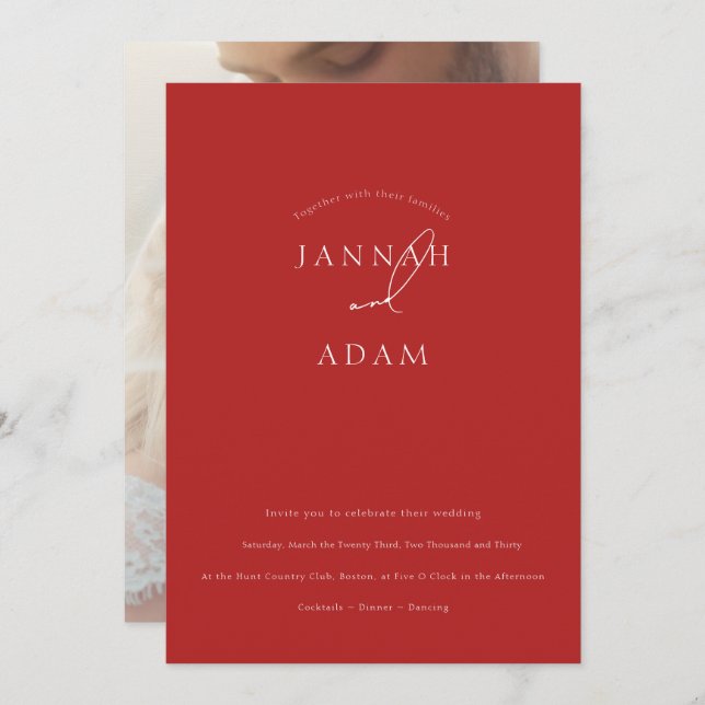 Minimalist Crimson Red Script Photo Wedding Invitation (Front/Back)