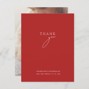 Minimalist Crimson Red Script Photo Wedding Thank You Card