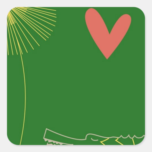Minimalist Crocodile with heart and yellow flower. Square Sticker (Front)
