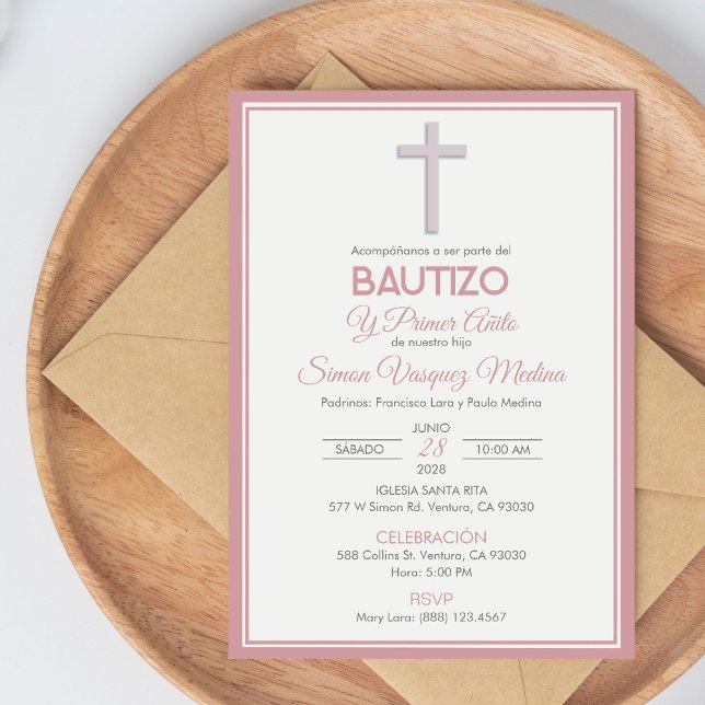 Minimalist Cross Baptism and First Birthday Invitation (Creator Uploaded)