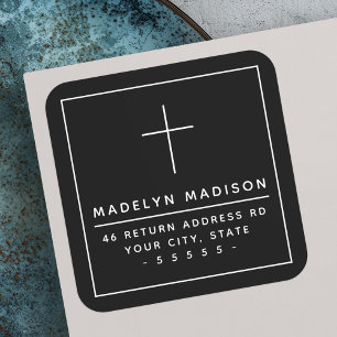 Minimalist cross black return address square sticker