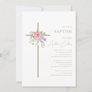 Minimalist Cross Elegant Gold Script Baptism Invitation