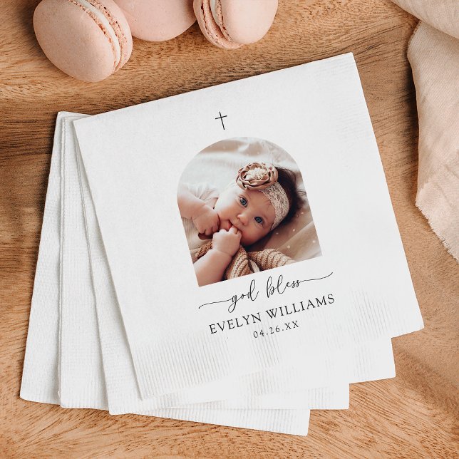 Minimalist Cross Photo Arch Personalized Baptism Napkin (Creator Uploaded)