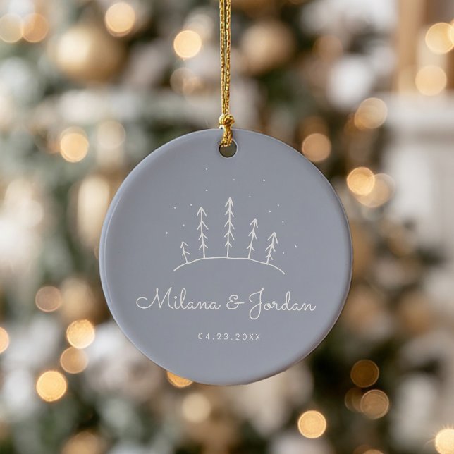 Minimalist Custom Couple Names Blue Modern Photo Ceramic Ornament (Creator Uploaded)