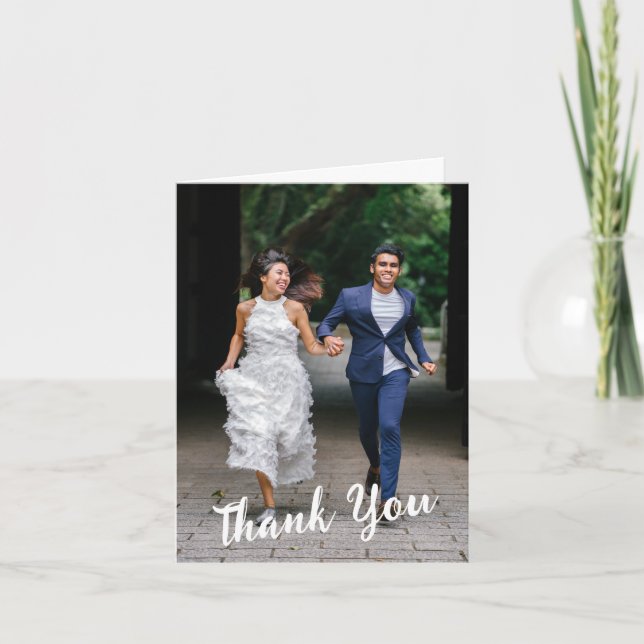 Minimalist Custom Message Wedding 2 Photo Folded Thank You Card (Front)