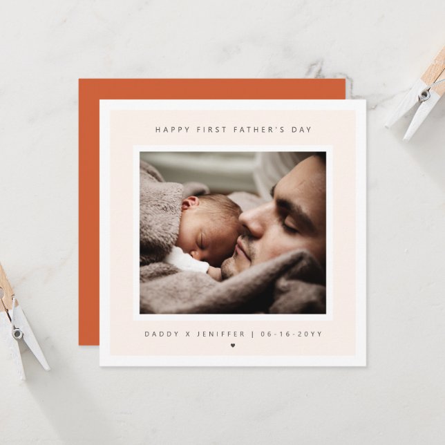 Minimalist Custom Photo First Father's Day Modern Card (Front/Back In Situ)