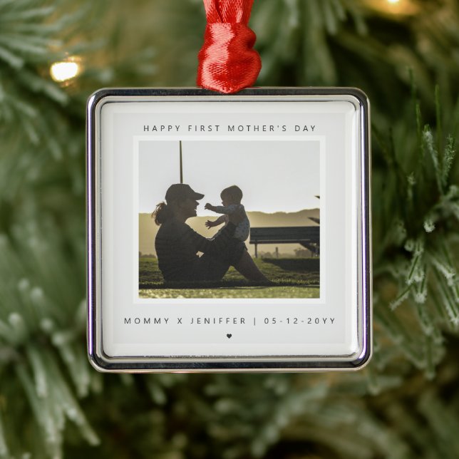 Minimalist Custom Photo First Mother's Day Modern Metal Ornament (Tree)
