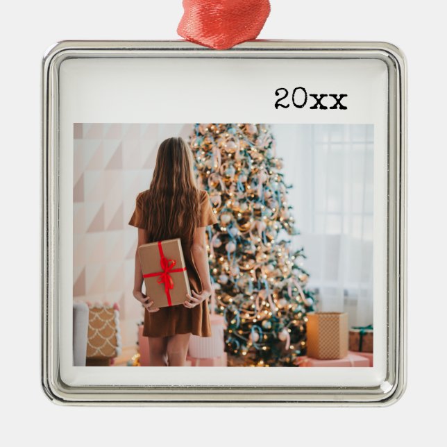 Minimalist Custom Photo with Year Metal Ornament (Front)