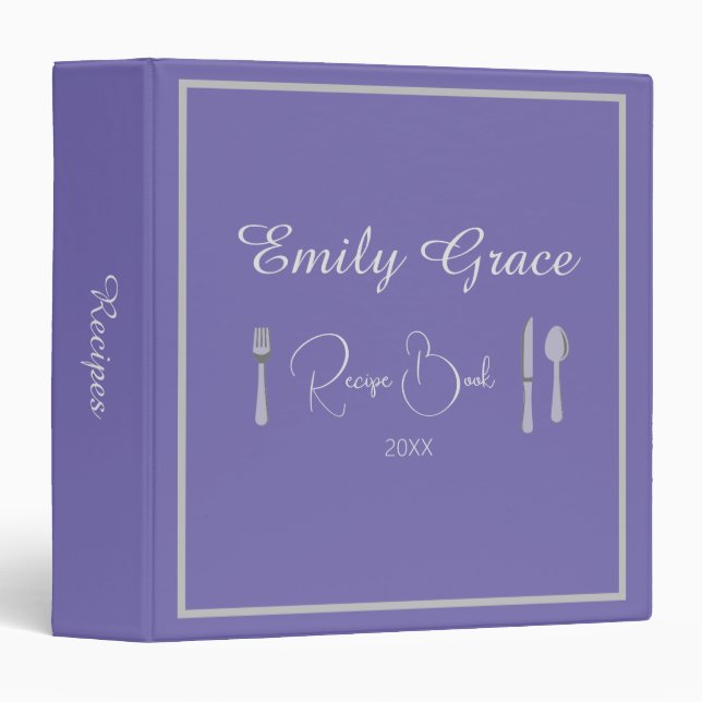 Minimalist Custom Script Cute Periwinkle Recipe Binder (Front/Spine)