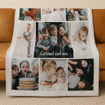 Minimalist Custom Text 9 Photo Collage Gift Fleece Blanket<br><div class="desc">Personalized photo collage blanket with custom text overlay and white border is a meaningful and stylish gift for family, friends, or grandparents. Featuring ten customizable photo slots in a clean grid layout, this soft blanket beautifully highlights your favourite memories, from candid everyday moments to special celebrations. A central script area...</div>