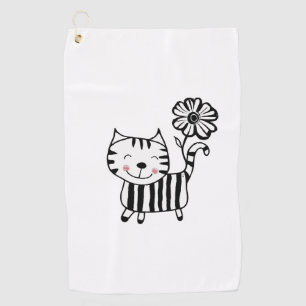 Minimalist Cute Cat with Flower on Tail Decorative Golf Towel
