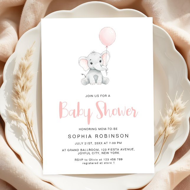 Minimalist Cute Elephant Girl Baby Shower Invitation (Creator Uploaded)