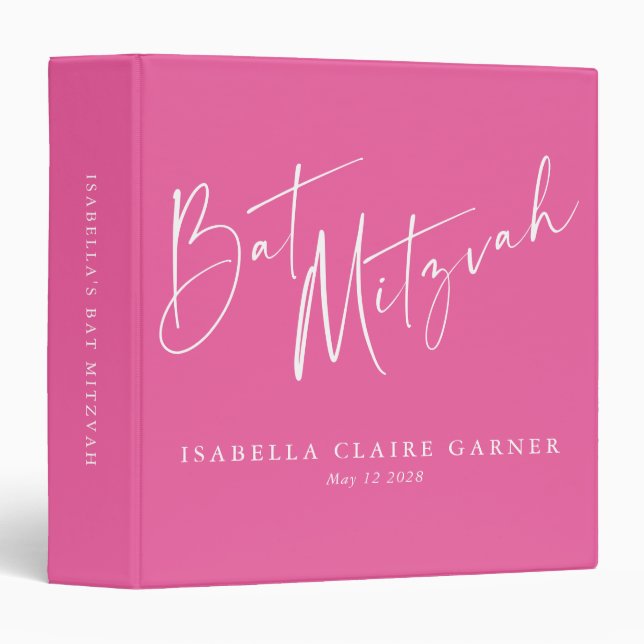 Minimalist Cute Hot Pink Custom Bat Mitzvah  Binder (Front/Spine)