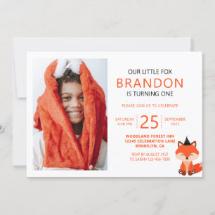 Minimalist Cute Little Fox Zigzag Photo Birthday Invitation