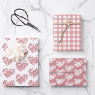 Minimalist Cute Pink and White Hearts and Stripes  Wrapping Paper Sheet