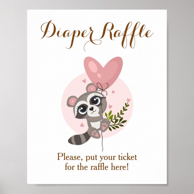 Minimalist Cute Raccoon Baby Shower Diaper Raffle Poster (Front)