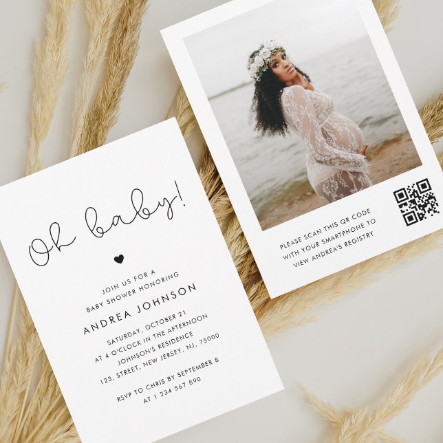 Minimalist Cute Script QR Code Photo Baby Shower Invitation (Creator Uploaded)