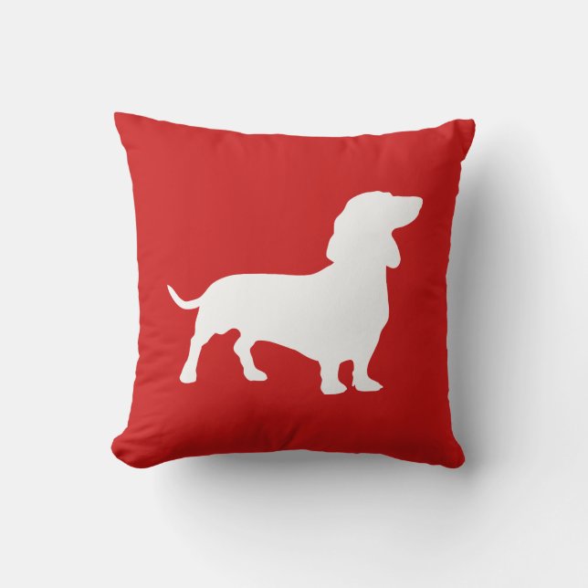 Minimalist Dachshund Silhouette Red and White Throw Pillow (Front)