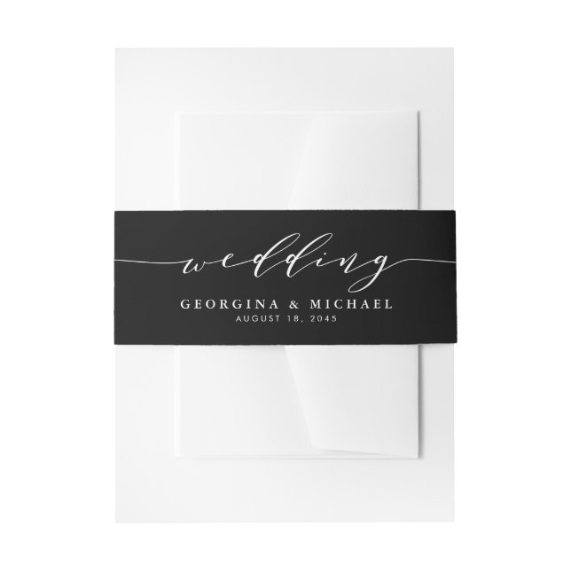 Minimalist Dainty Script Black and White Wedding Invitation Belly Band (Front Example)