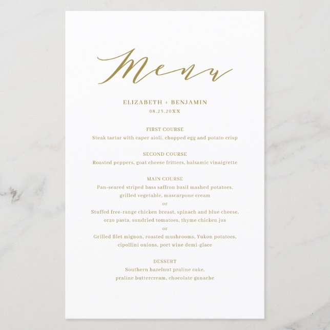 Minimalist Dainty Script Gold Wedding Menu Card (Front)