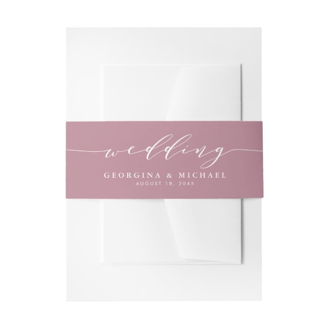 Minimalist Dainty Script Mauve Wedding Invitation Belly Band (Front Example)