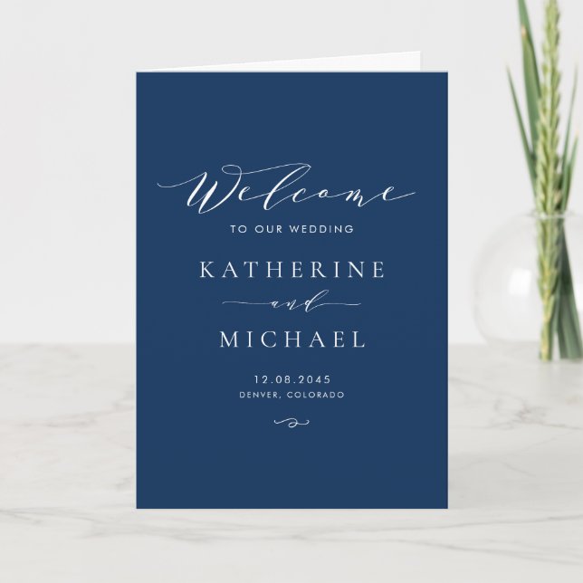 Minimalist Dainty Script Navy Blue Wedding Program (Front)