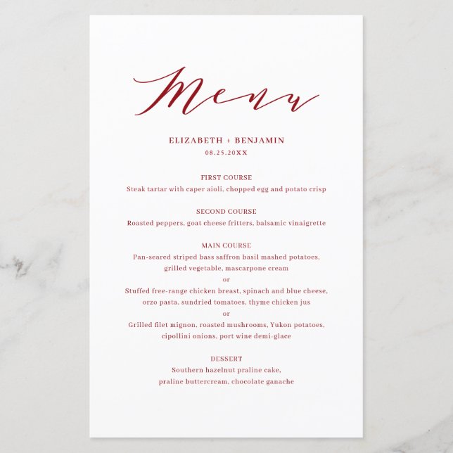 Minimalist Dainty Script Red Wedding Menu Card (Front)