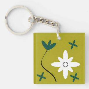 Minimalist Daisy Flower Abstract Botanical Art Keychain