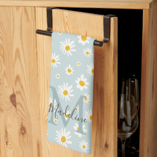 Minimalist Daisy Flower Teal Script Monogram Kitchen Towel