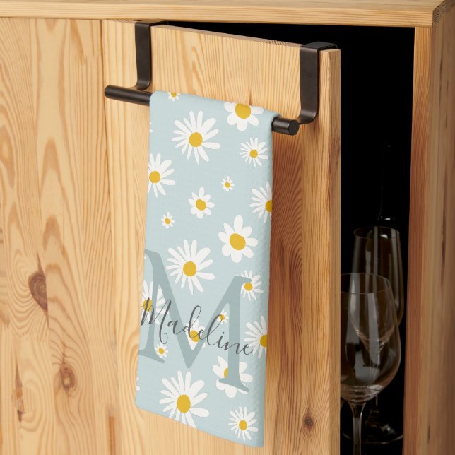 Minimalist Daisy Flower Teal Script Monogram Kitchen Towel (Thirds Fold)