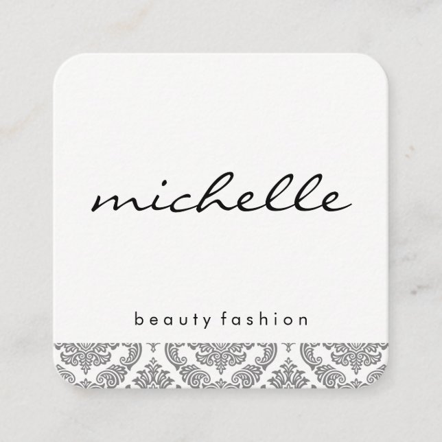 Minimalist Damask Accent Cursive Text Square Business Card (Front)