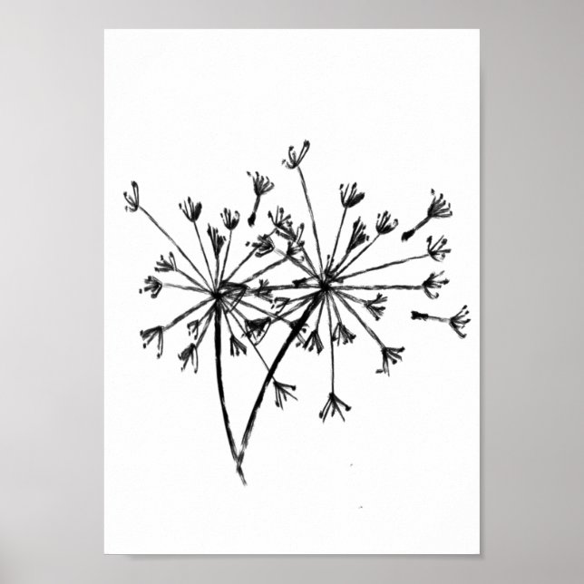 Minimalist Dandelion Digital Sketch Art Black Poster (Front)