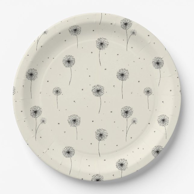Minimalist Dandelion Seed Pattern Beige (2) Paper Plate (Front)