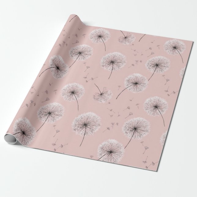 Minimalist Dandelion Seed Pattern Pink (1) Wrapping Paper (Unrolled)