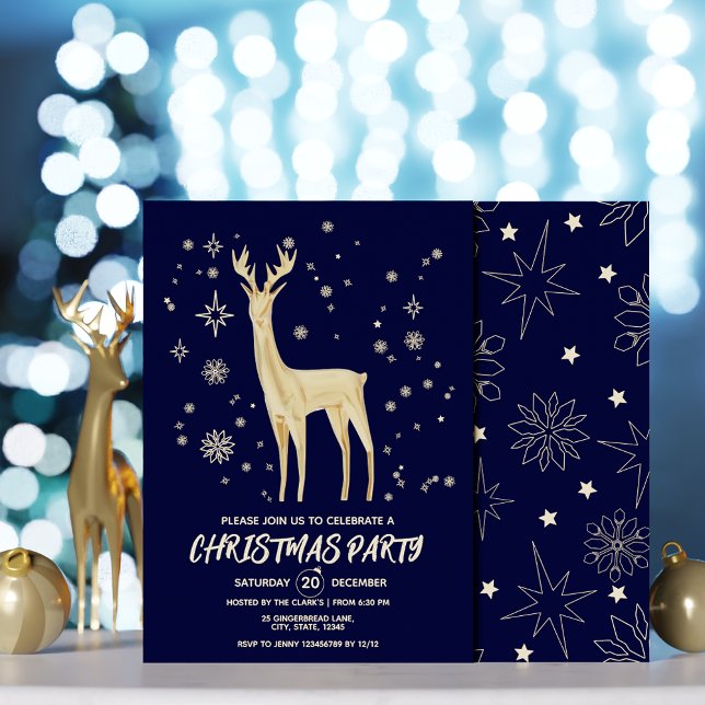 Minimalist dark blue and gold Elegant Deer xmas Invitation (Minimalist dark blue and gold Elegant Deer xmas Invitation)