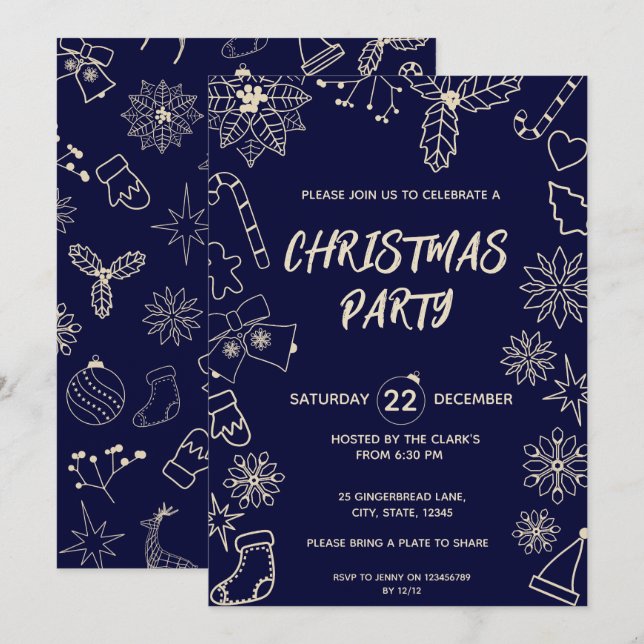 Minimalist Dark Blue and Gold Elegant Xmas Party Invitation (Front/Back)