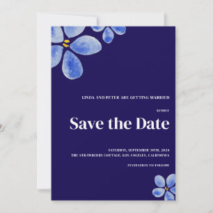 Minimalist Dark Blue Watercolor Flowers Wedding Save The Date