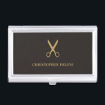 Minimalist Dark Faux Gold Scissor Hairstylist Business Card Holder<br><div class="desc">Elegant business card holder with faux gold scissor pattern and dark grey background. Perfect for hairstylist. Minimalist masculine design.</div>