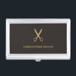 Minimalist Dark Faux Gold Scissor Hairstylist Business Card Holder<br><div class="desc">Elegant business card holder with faux gold scissor pattern and dark grey background. Perfect for hairstylist. Minimalist masculine design.</div>