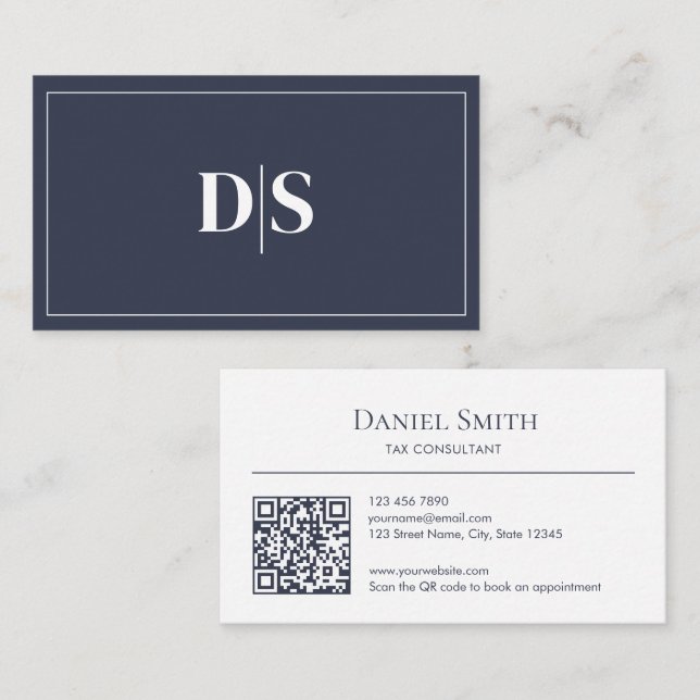 Minimalist Dark Gray and White Initials QR Code Business Card (Front/Back)