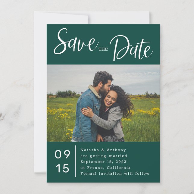 Minimalist Dark Green And White Photo Wedding Save The Date (Front)