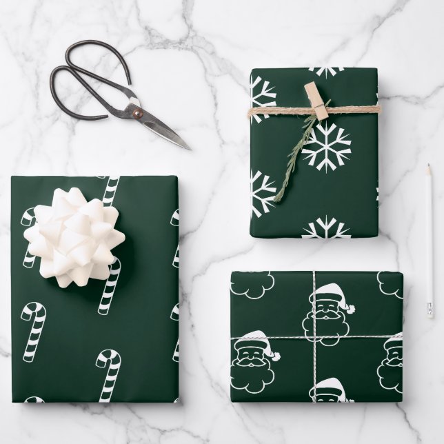 Minimalist dark green candy cane santa snowflakes wrapping paper sheet (Front)