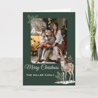 Minimalist Dark Green Deer Custom Photo Christmas Card