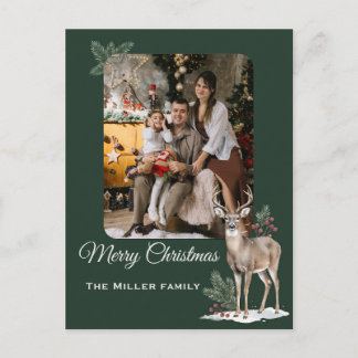 Minimalist Dark Green Deer Custom Photo Christmas Holiday Postcard
