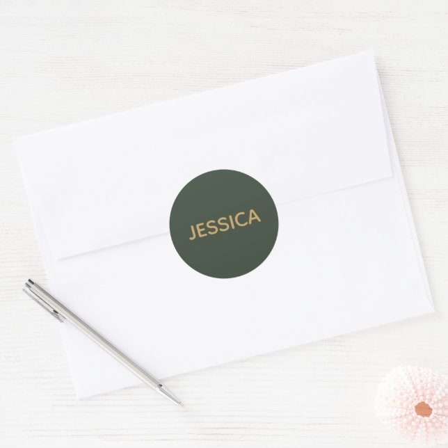 Minimalist dark green gold script personalized classic round sticker (Envelope)