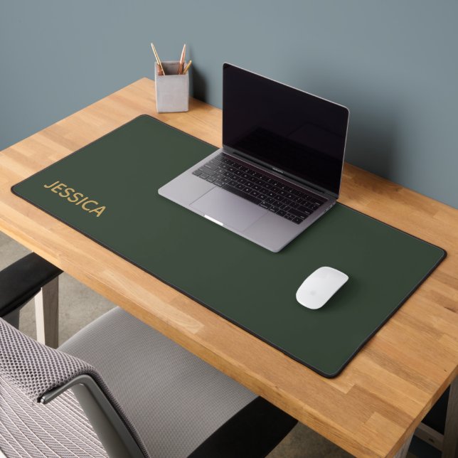 Minimalist dark green gold script personalized desk mat (Office 2)