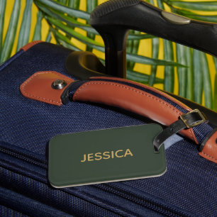 Minimalist dark green gold script personalized luggage tag