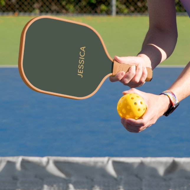 Minimalist dark green gold script personalized pickleball paddle (Insitu)