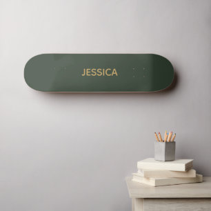 Minimalist dark green gold script personalized skateboard